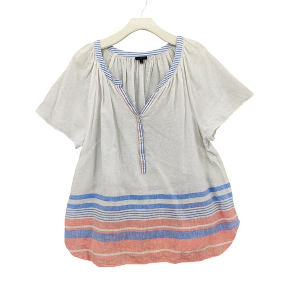 Talbots Womens Coastal Nautical Breathable 100% Linen Blouse 1X White Stripe Top